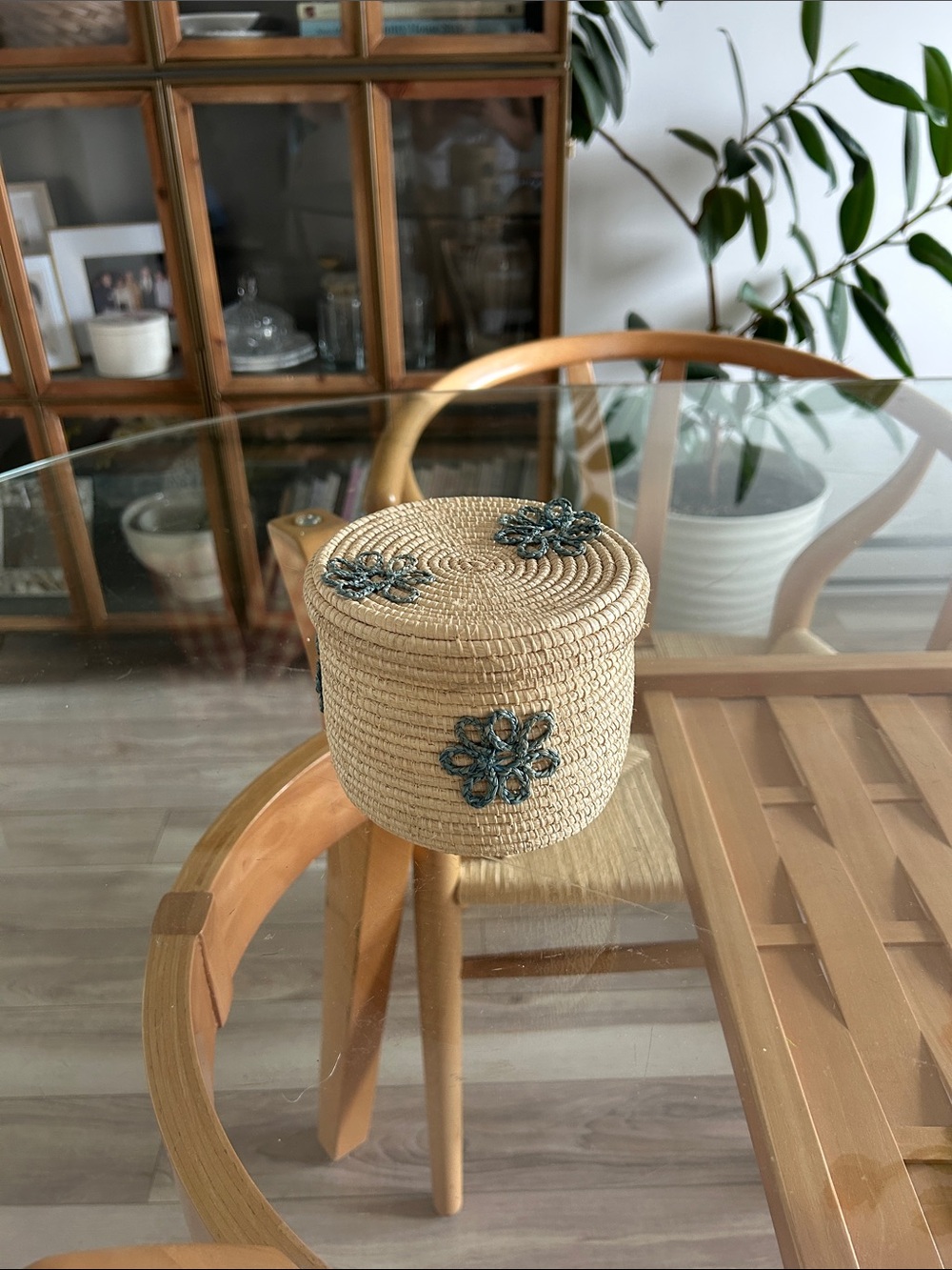 Woven Straw Lidded Basket with Blue Floral Accents
